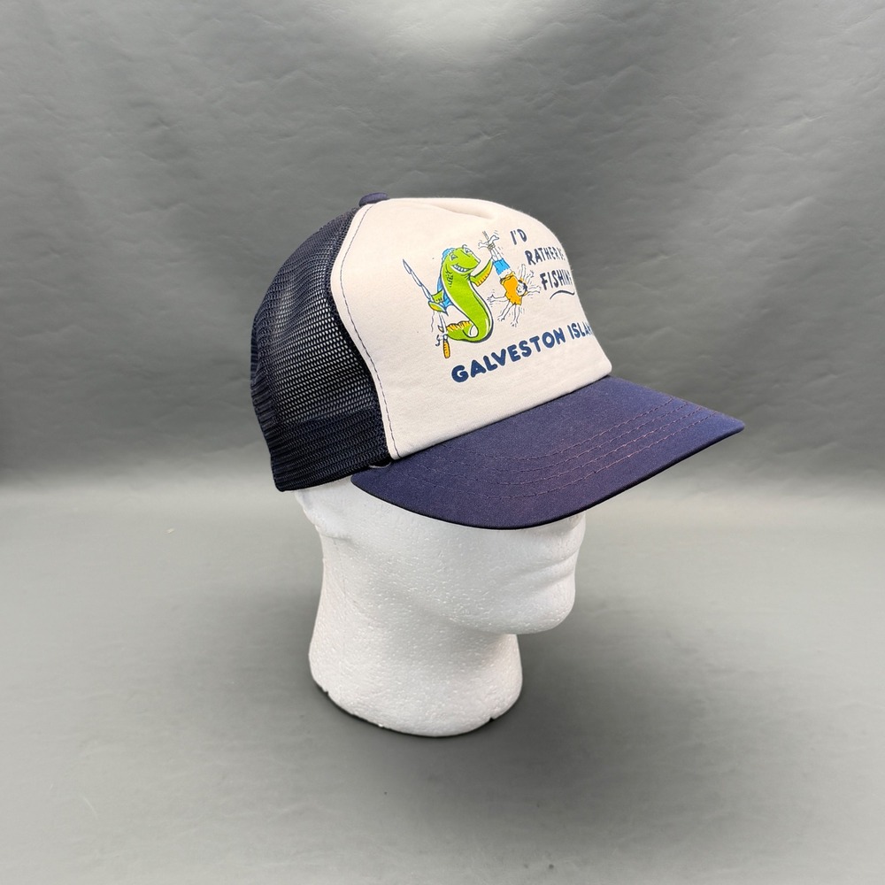 Vintage Galveston Island I'd Rather Be Fishing Trucker Hat Snapback Mesh Cap